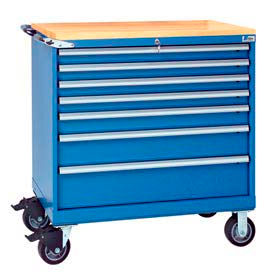 7 Drawer 40-1/4" Shallow Depth Mobile Cabinet w/Butcher Top-Bright Blue, Keyed Alike