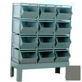 Steel Hopper Bin Stackrack Unit, 51-1/4"W x 24"D x 59"H, 12 Steel Bins, Gray