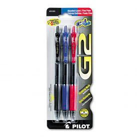 G2 Gel Rollerball Pen, Retractable, Black/Blue/Red Ink, Fine Point, Pack of 3