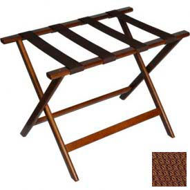 Flat Top Wood Luggage Rack, Dark Oak, Brown Straps 1 Pack