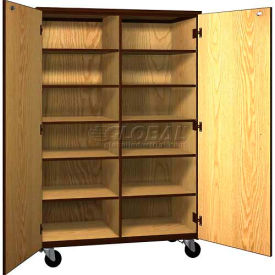 Mobile Wood Cubicle Cabinet, 10 Shelves with Locks, Solid Door, 48 x 22-1/4 x 72, Natural Oak/Brown