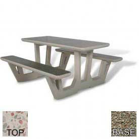 58" Round Picnic Table, Concrete, White Top/Gray Frame