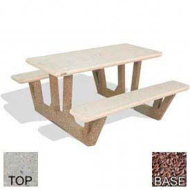 38" Rectangular Picnic Table, Concrete, Tan Top/Red Frame