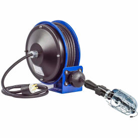 Compact Efficient Heavy Duty Power Cord Reel with Incandescent Caged Drop Light with Tap