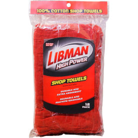 Libman Commercial High Power 100% Cotton Red Shop Towels, 12 Pack