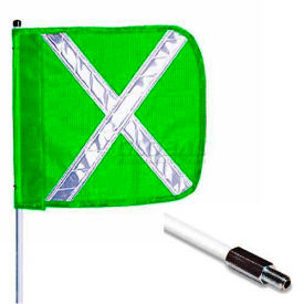 8' Heavy Duty Standard Threaded Hex Base Warning Whip without Light, 16"x16" Green with X Rectangle Flag
