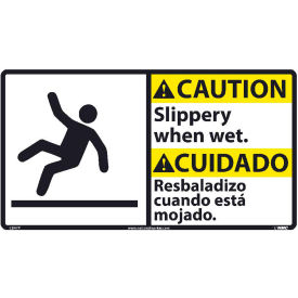 Bilingual Vinyl Sign, Caution Slippery When Wet, 18"W x 10"H