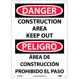 Bilingual Plastic Sign, Square Corner, Danger Construction Area Keep Out, 10"W x 14"H