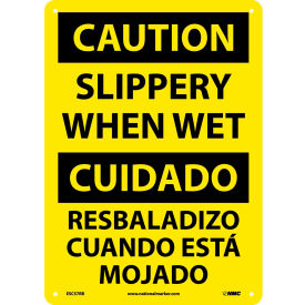 Bilingual Plastic Sign, Caution Slippery When Wet, 10"W x 14"H