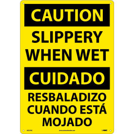 Bilingual Plastic Sign, Caution Slippery When Wet, 14"W x 20"H