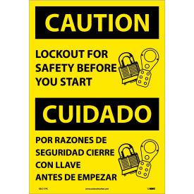 Bilingual Vinyl Sign, Caution Lockout For Safety Before You Start, 14"W x 20"H