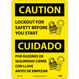 Bilingual Plastic Sign, Caution Lockout For Safety Before You Start, 10"W x 14"H