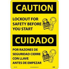 Bilingual Plastic Sign, Caution Lockout For Safety Before You Start, 14"W x 20"H