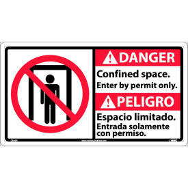 Bilingual Plastic Sign, Danger Confined Space Enter By Permit Only, 18"W x 10"H