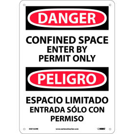 Bilingual Plastic Sign, Danger Confined Space Enter By Permit Only, 10"W x 14"H