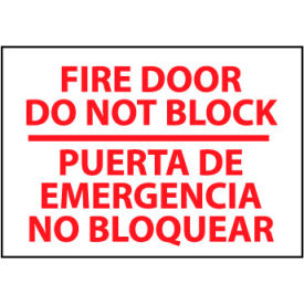 Bilingual Plastic Fire Sign, Fire Door Do Not Block, 14"W x 10"H
