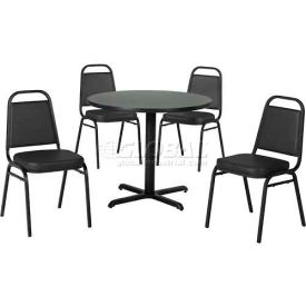 42" Round Table & Stack Chair Set, Gray Table/Black Chairs