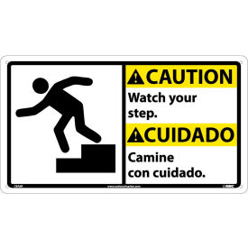 Bilingual Plastic Sign, Caution Watch Your Step, 18"W x 10"H