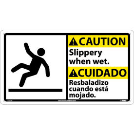 Bilingual Plastic Sign, Caution Slippery When Wet, 18"W x 10"H