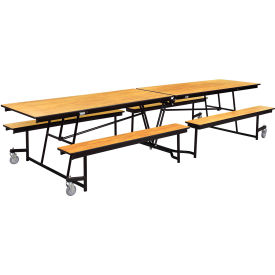 Mobile Cafeteria Table With Fixed Benches, 145"L x 56"W, Oak Top/Black Frame