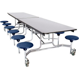 Mobile Cafeteria Table With Stools, 121"L x 59"W, Gray Top/Blue Stools/Chrome Frame