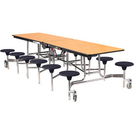 Mobile Cafeteria Table With Stools, 121"L x 59"W, Oak Top/Black Stools/Chrome Frame