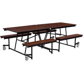 Mobile Cafeteria Table With Fixed Benches, 145"L x 56"W, Walnut Top/Black Frame