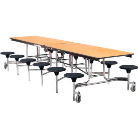 Mobile Cafeteria Table With Stools, 145"L x 59"W, Oak Top/Black Stools/Chrome Frame