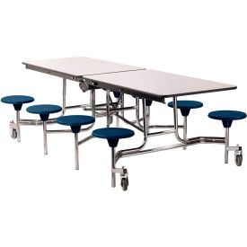 Mobile Cafeteria Table With Stools, 97"L x 59"W, Gray Top/Blue Stools/Chrome Frame
