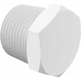 3/4-14 NPT Threaded Hex Plug, White Polypropylene