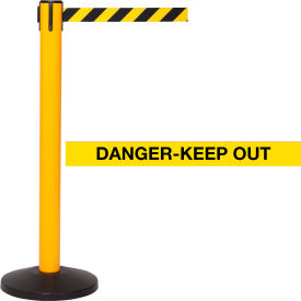 Retractable Belt Barrier, 40" Yellow Post, 16' Yellow "Danger-Keep Out" Belt