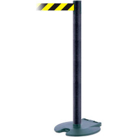 Retractable Belt Barrier, 7-1/2' Black/Yellow Belt, Black Wrinkle Post