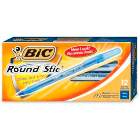 Round Stic Ballpoint Pen, Medium Point, Blue Ink, Pack of 12