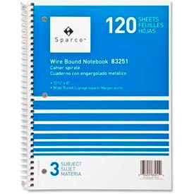 3-Subject Notebook, 8" x 10-1/2", Wide Ruled, Bright White, 120 Sheets/Pad