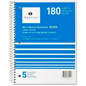 5-Subject Notebook, 8" x 10-1/2", College Ruled, Bright White, 180 Sheets/Pad