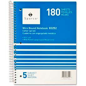 5-Subject Notebook, 8" x 10-1/2", Wide Ruled, Bright White, 180 Sheets/Pad
