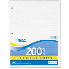 Filler Paper, 8-1/2" x 11", College Ruled, 3-Hole Punched, White, 200 Sheets/Pack