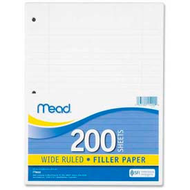 Filler Paper, 8" x 10-1/2", Wide Ruled, 3-Hole Punched, White, 200 Sheets/Pack