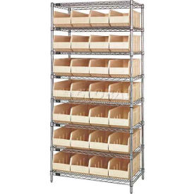WR8-483 Chrome Wire Shelving with 28 SSB483 Stackable Shelf Bins Ivory, 36x21x74