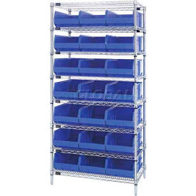 Chrome Wire Shelving with 21 Stackable Shelf Bins Blue, 36x12x74