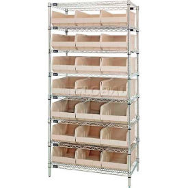 WR8-425 Chrome Wire Shelving with 21 Stackable Shelf Bins Ivory, 36x12x74