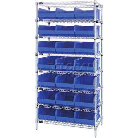 Quantum Chrome Wire Shelving with Stackable Shelf Bins Blue, 36x14x74