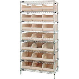 Chrome Wire Shelving with 21 Stackable Shelf Bins, Ivory, 36x14x74