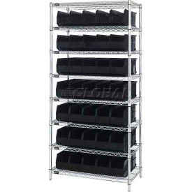 Quantum Chrome Wire Shelving with 35 Stackable Shelf Bins Black, 36x14x74
