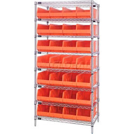 Chrome Wire Shelving with 28 Stackable Shelf Bins Orange, 36x14x74