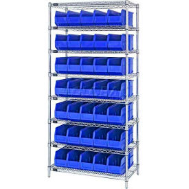 WR8-441 Chrome Wire Shelving with 35 Stackable Shelf Bins Blue, 36x14x74