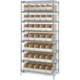 WR8-441 Chrome Wire Shelving with 35 Stackable Shelf Bins Ivory, 36x14x74