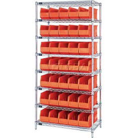 Wire Shelving with 35 Stackable Shelf Bins Orange, 36x14x74