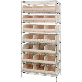 Chrome Wire Shelving with 21 Stackable Shelf Bins Ivory, 36x18x74