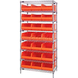 WR8-465 Chrome Wire Shelving with 21 SSB465 Stackable Shelf Bins Orange, 36x18x74